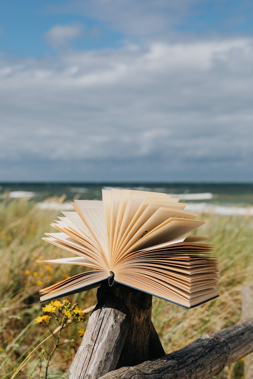 opened book on wooden fence