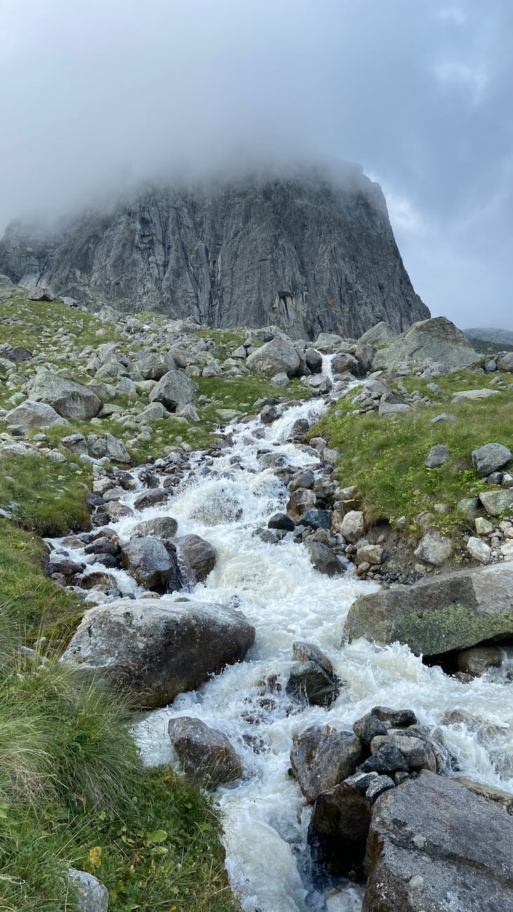 a flowing river between green grass and rocks