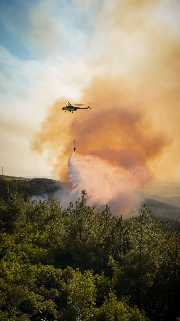 aerial firefighting helicopter over turkish forest fire